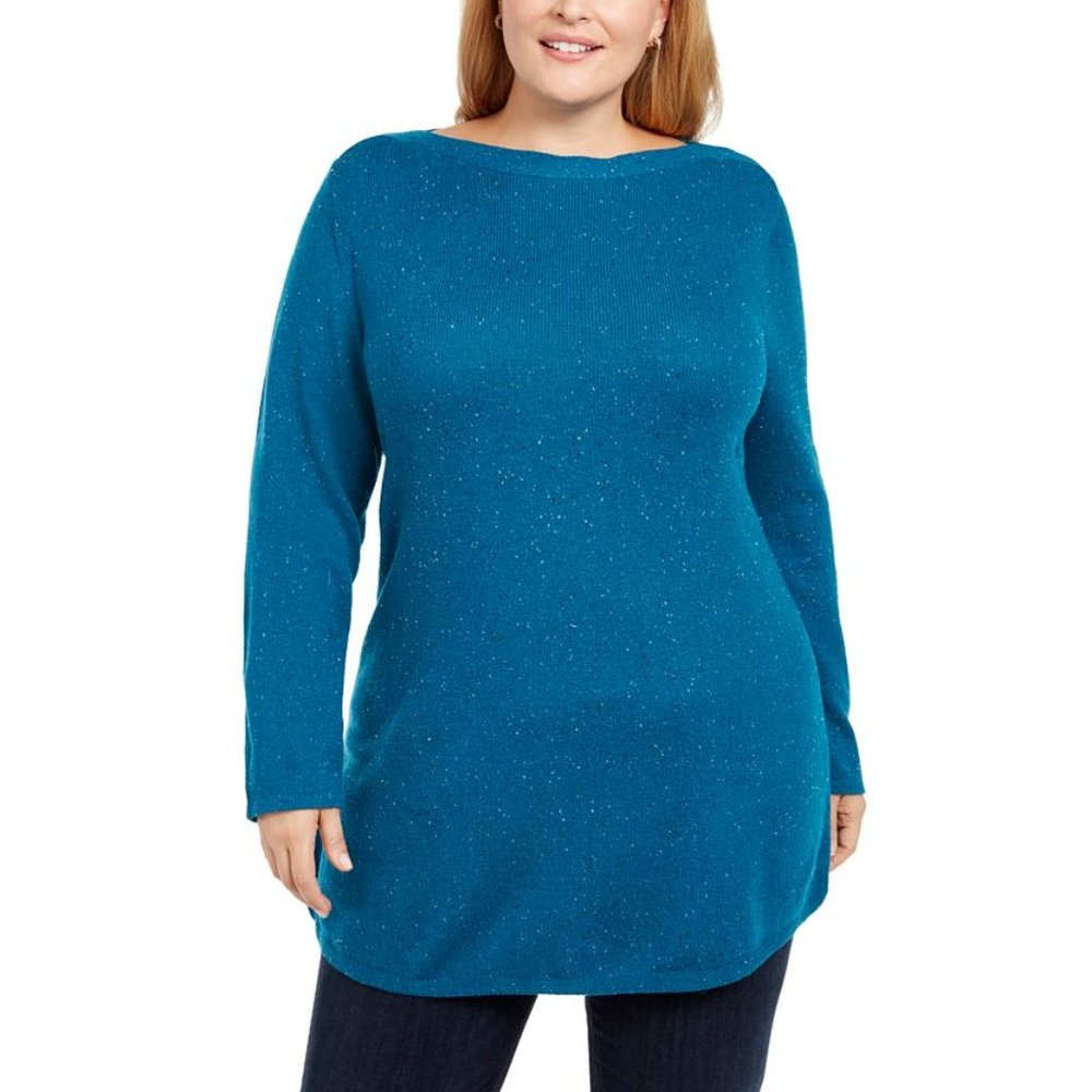 Karen Scott Women Plus Ballet Neck Curved Hem Long Sleeve Pullover Sweater Teal